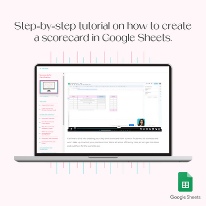A laptop screen mockup displaying the bonus Trello Board: Scorecard Workflow to stay on top of your scorecard creation tasks. A laptop mockup displaying the course platform for Scorecards for Gamification, specifically the tutorial lesson where you’ll learn how to create a scorecard.