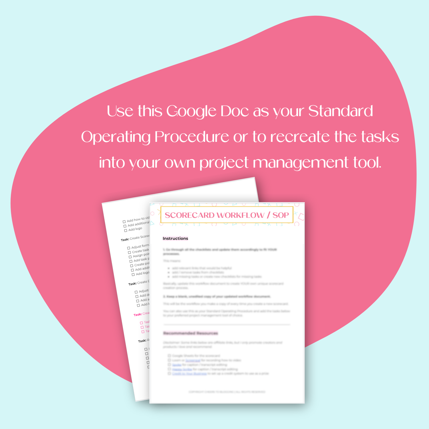 A document mockup displaying the bonus Google Doc: Scorecard Workflow / SOP to help you recreate the tasks into your own project management tool to help you keep track of your progress.