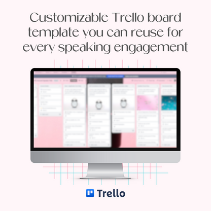 A monitor mockup displaying the customizable Summit Speaker Hub Trello board template with all the workflows, checklists and notes you need. 