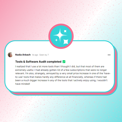 A testimonial from Nadia sharing her experience completing the tools and software audit inside the Systems Reset Kit.