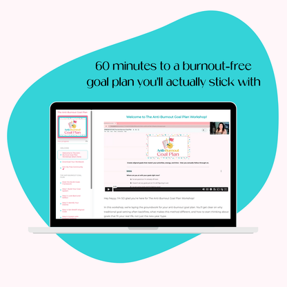 Laptop screen displaying a goal planning platform with text about a burnout-free plan.