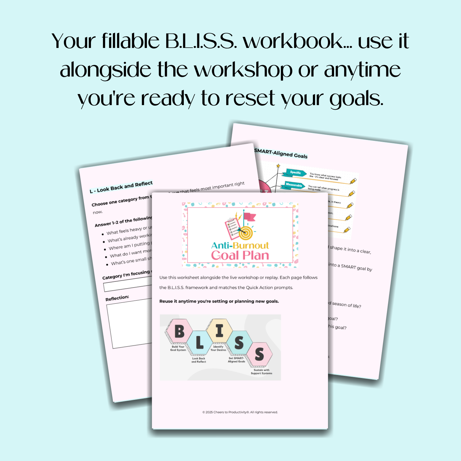 Fillable B.L.I.S.S. workbook on a light blue background