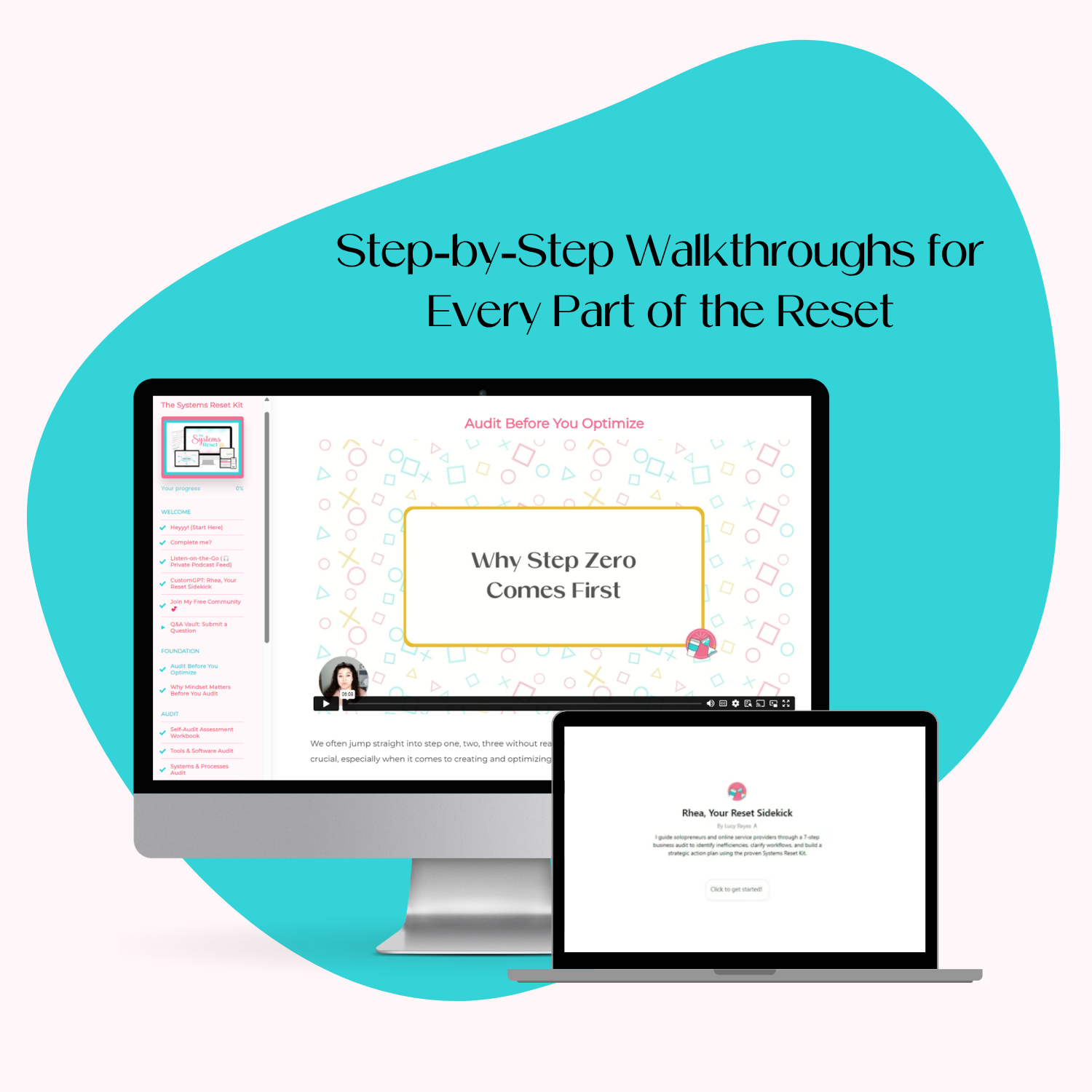 A monitor and laptop mockup displaying the Systems Reset Kit video lesson walkthroughs for small online business owners.
