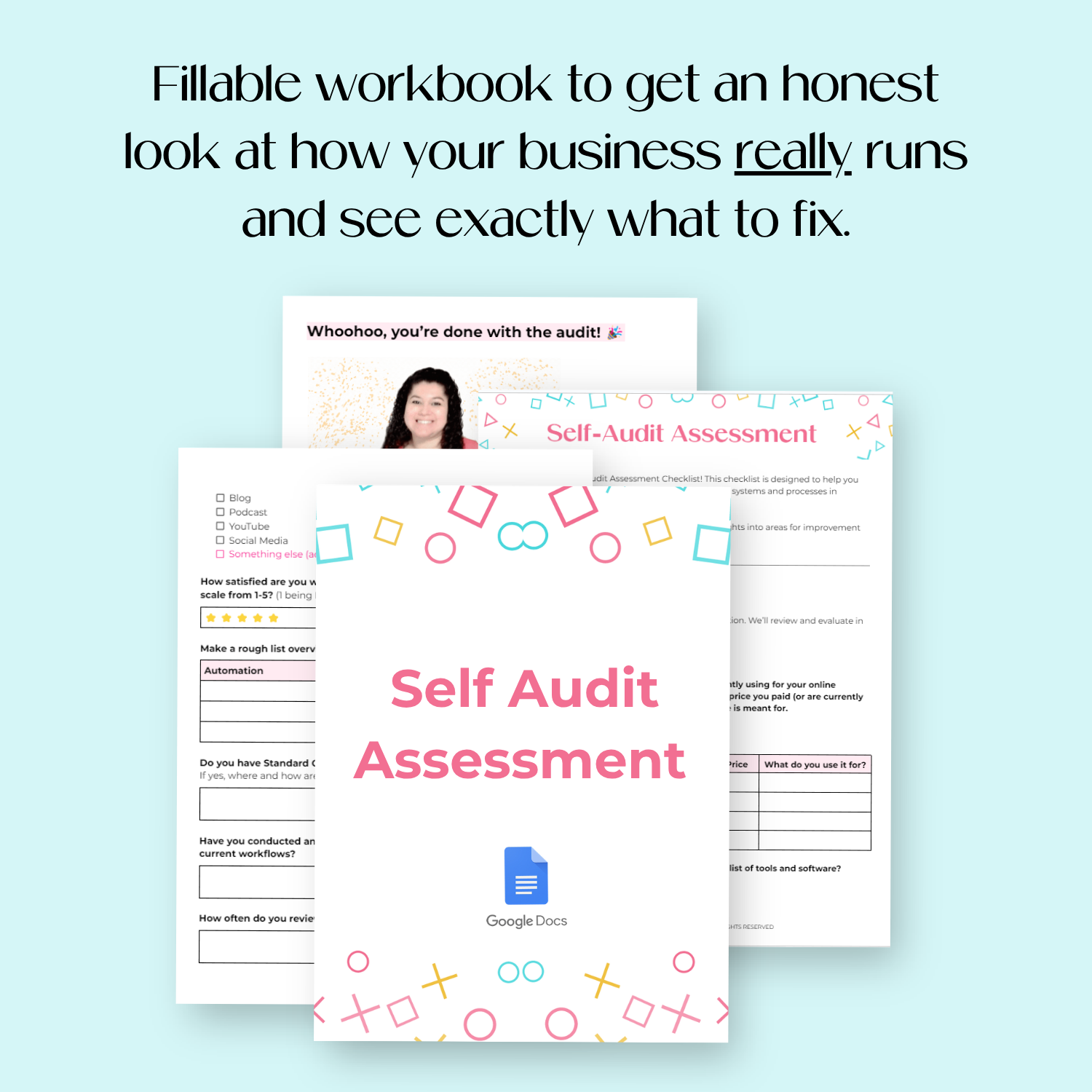 A fillable self-audit assessment workbook in Google Docs included in the Systems Reset Kit business systems audit.
