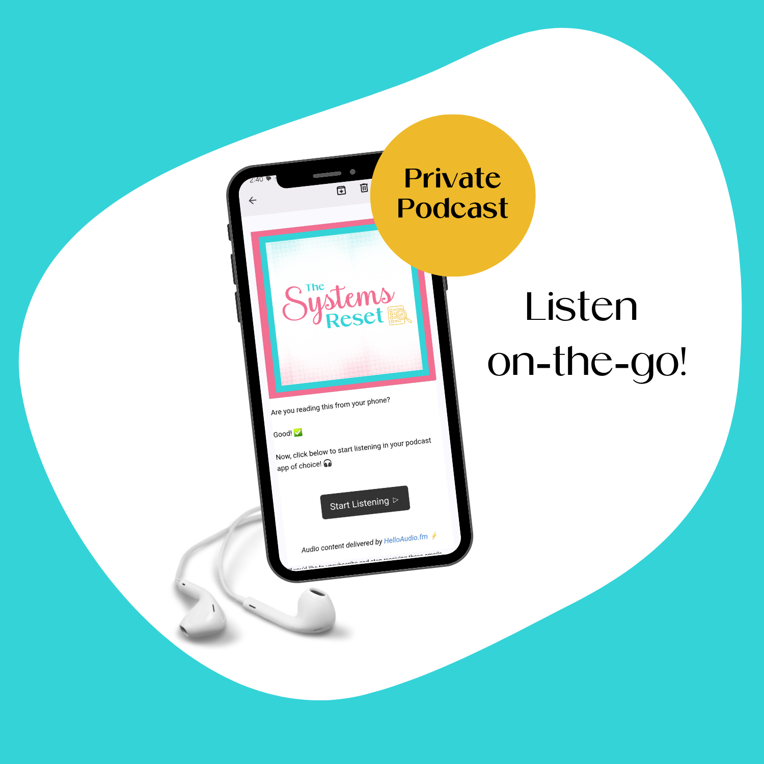 A phone mockup showing the private podcast feed bonus for the Systems Reset Kit, available to listen on the go.