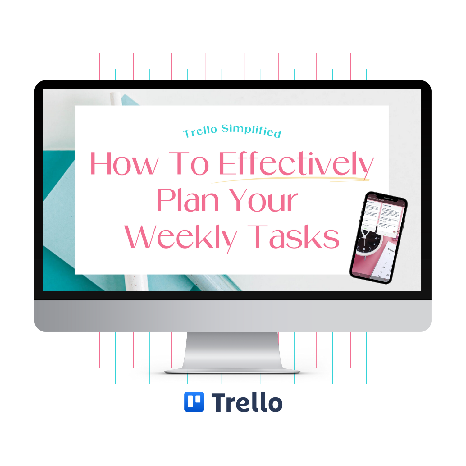 A monitor mockup displaying the How To Effectively Plan Your Weekly Tasks Using Trello training.