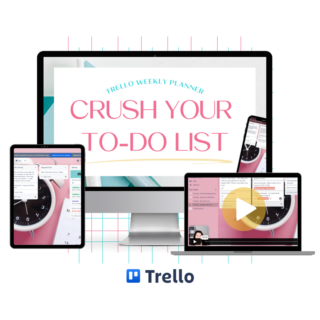 A monitor mockup displaying the How To Effectively Plan Your Weekly Tasks Using Trello training.