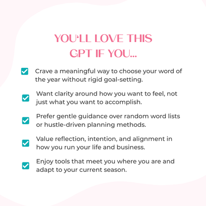Graphic titled “You’ll Love This GPT If You…” describing who the Word of the Year GPT is for, including entrepreneurs who want to choose their word of the year with clarity, intention, and gentle guidance.