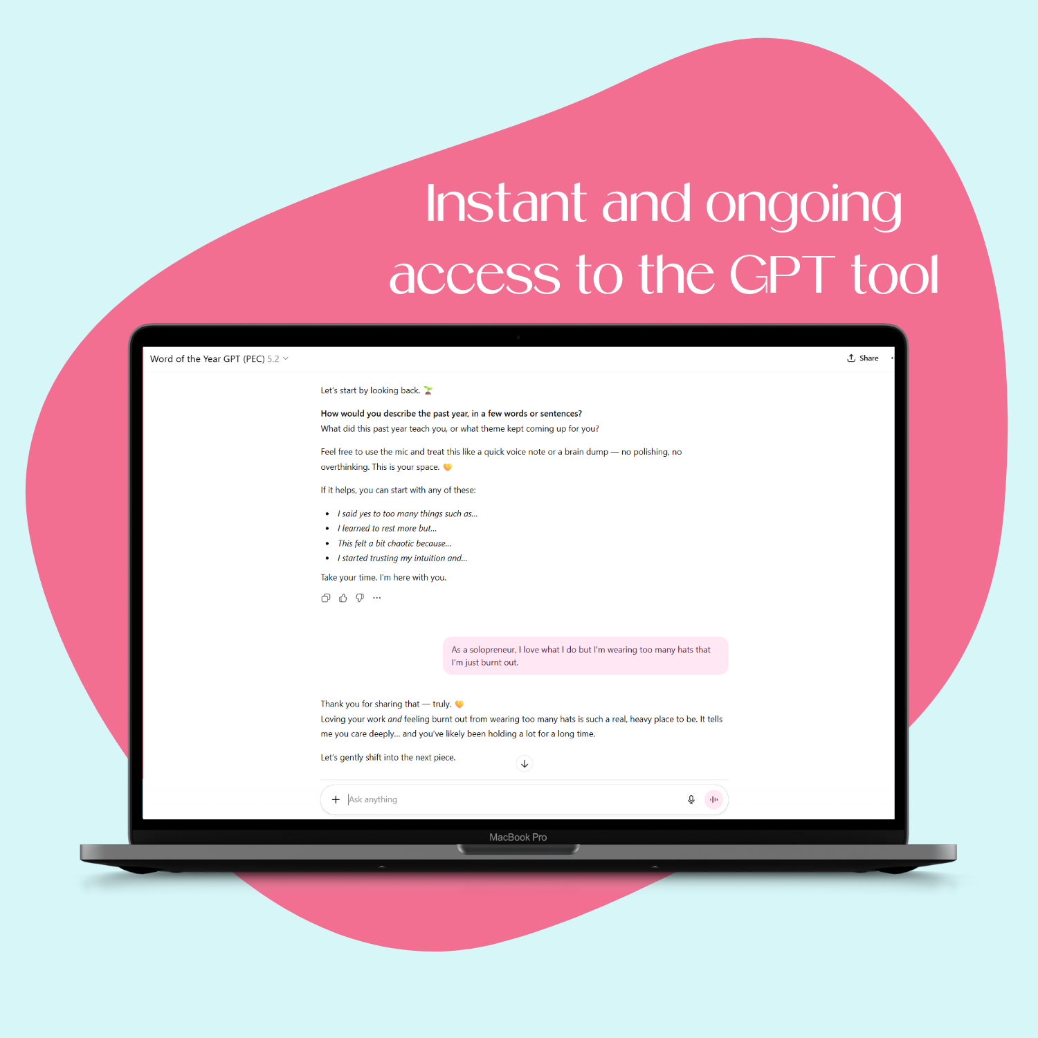 Laptop screen showing the Word of the Year GPT reflection interface, guiding users through questions to clarify how they want the year ahead to feel.