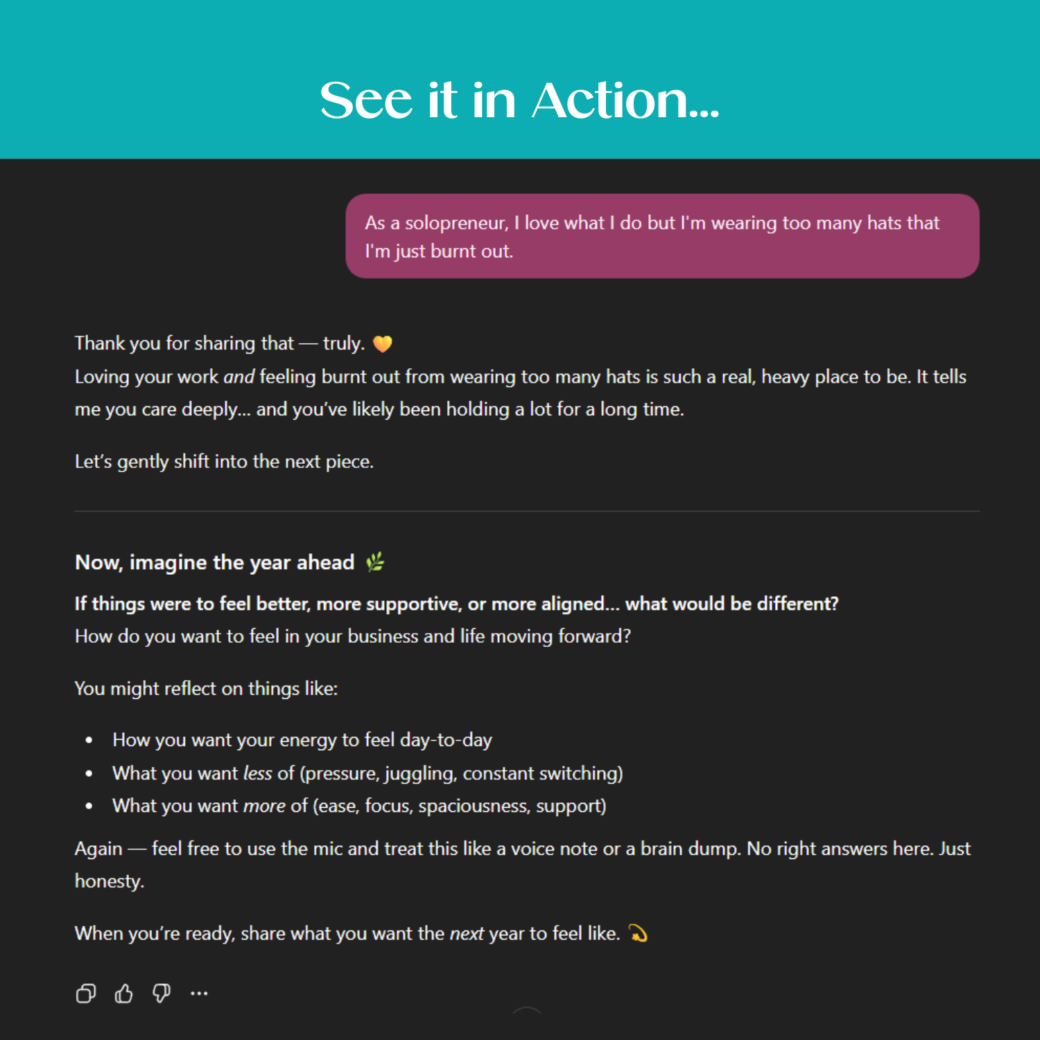 Screenshot of the Word of the Year GPT guiding a reflective conversation, helping a solopreneur reflect on burnout and begin choosing their word of the year through thoughtful prompts.