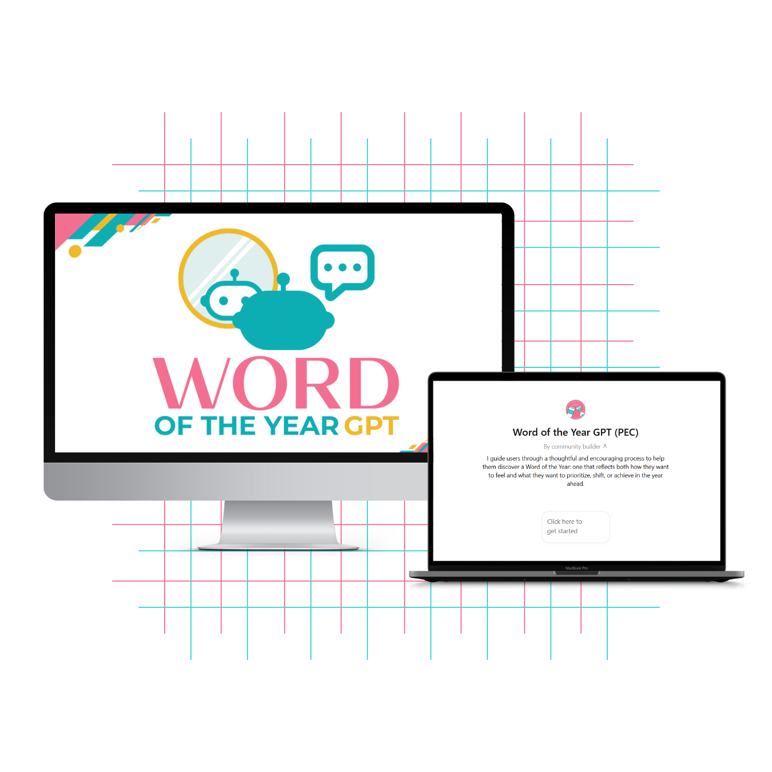 Desktop and laptop mockup displaying the Word of the Year GPT tool, an interactive experience designed to help users choose their word of the year with intention.