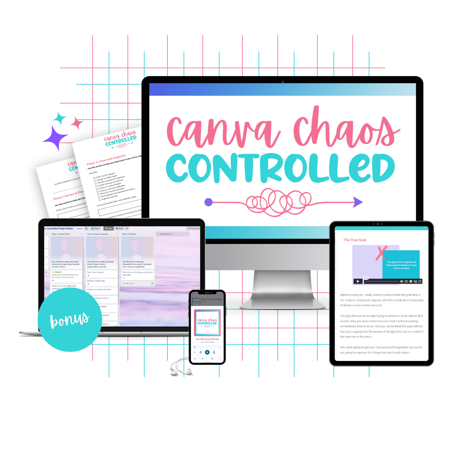 A tech mockup displaying the Canva Chaos Controlled course that’ll teach about Canva organization.