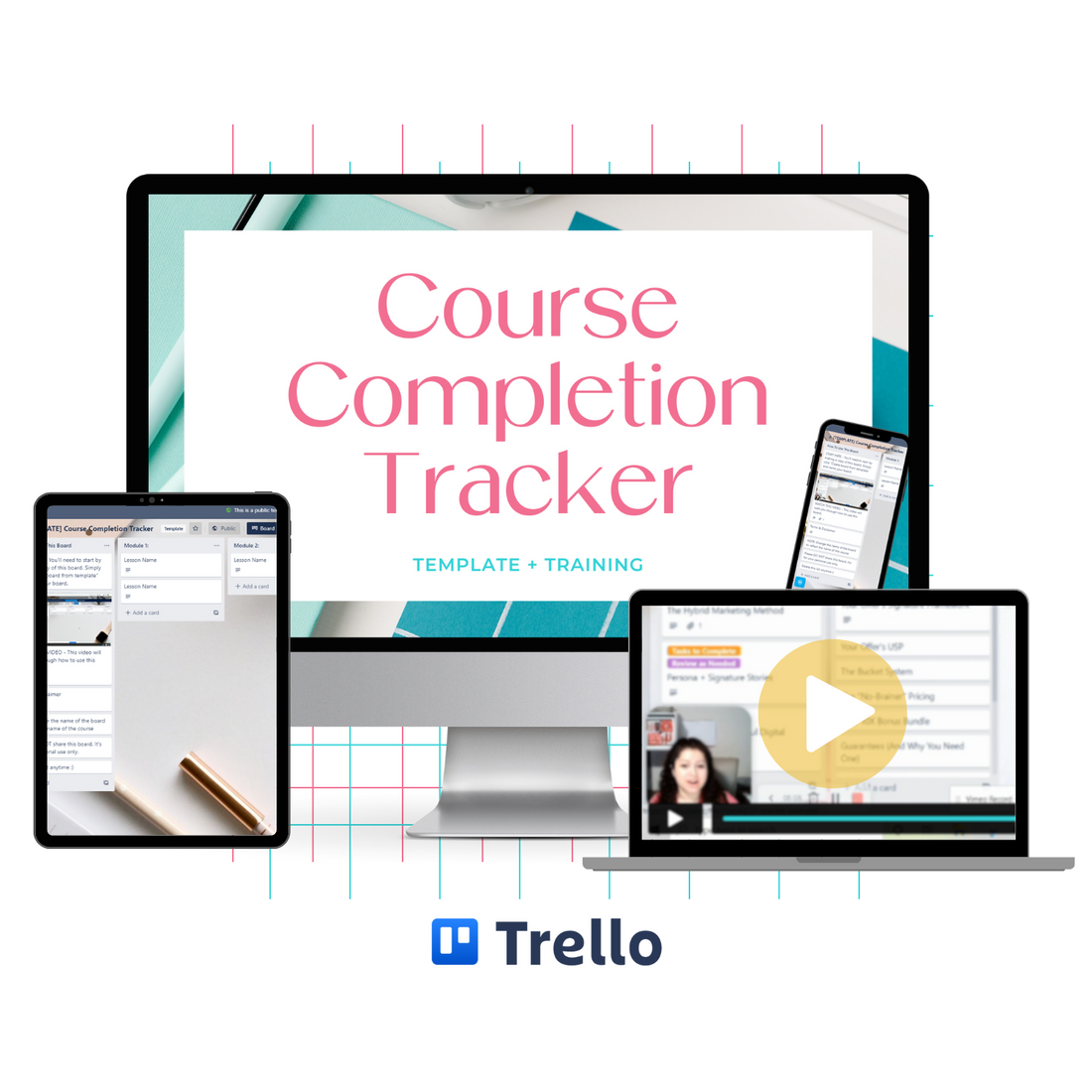 A monitor mockup displaying the Trello Simplified: Track Progress &amp; Complete Courses with Confidence training. 