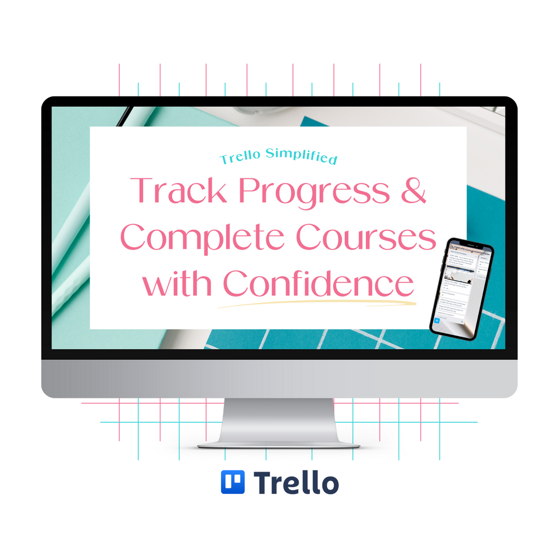 A monitor mockup displaying the Trello Simplified: Track Progress &amp; Complete Courses with Confidence training. 