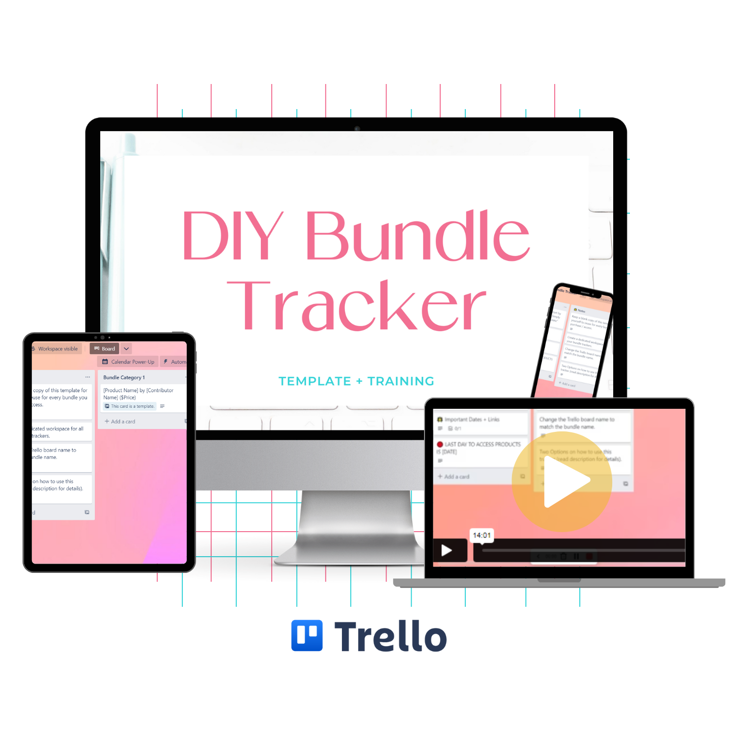 A monitor mockup displaying the DIY Bundle Tracker Trello board template and training.