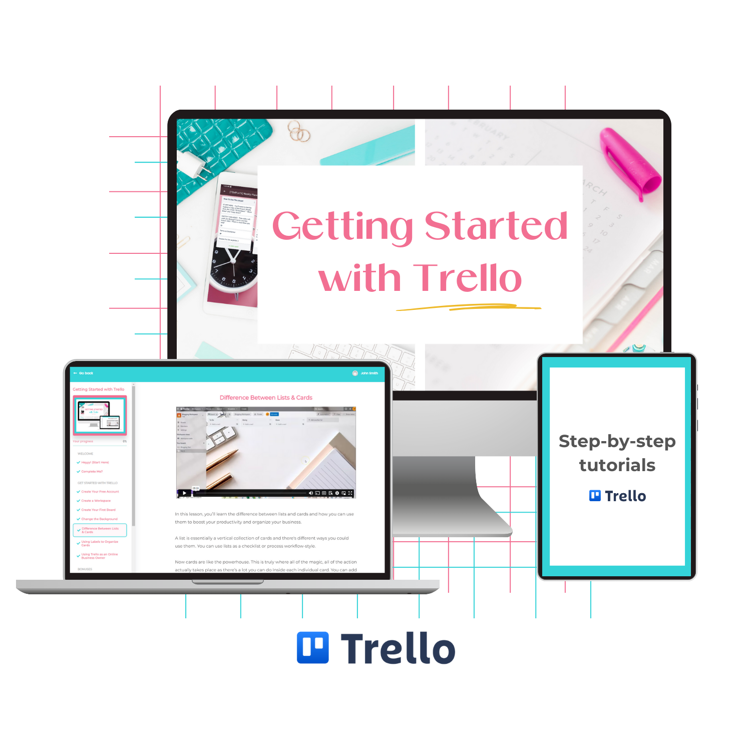 A monitor mockup displaying the Getting Started with Trello mini course.