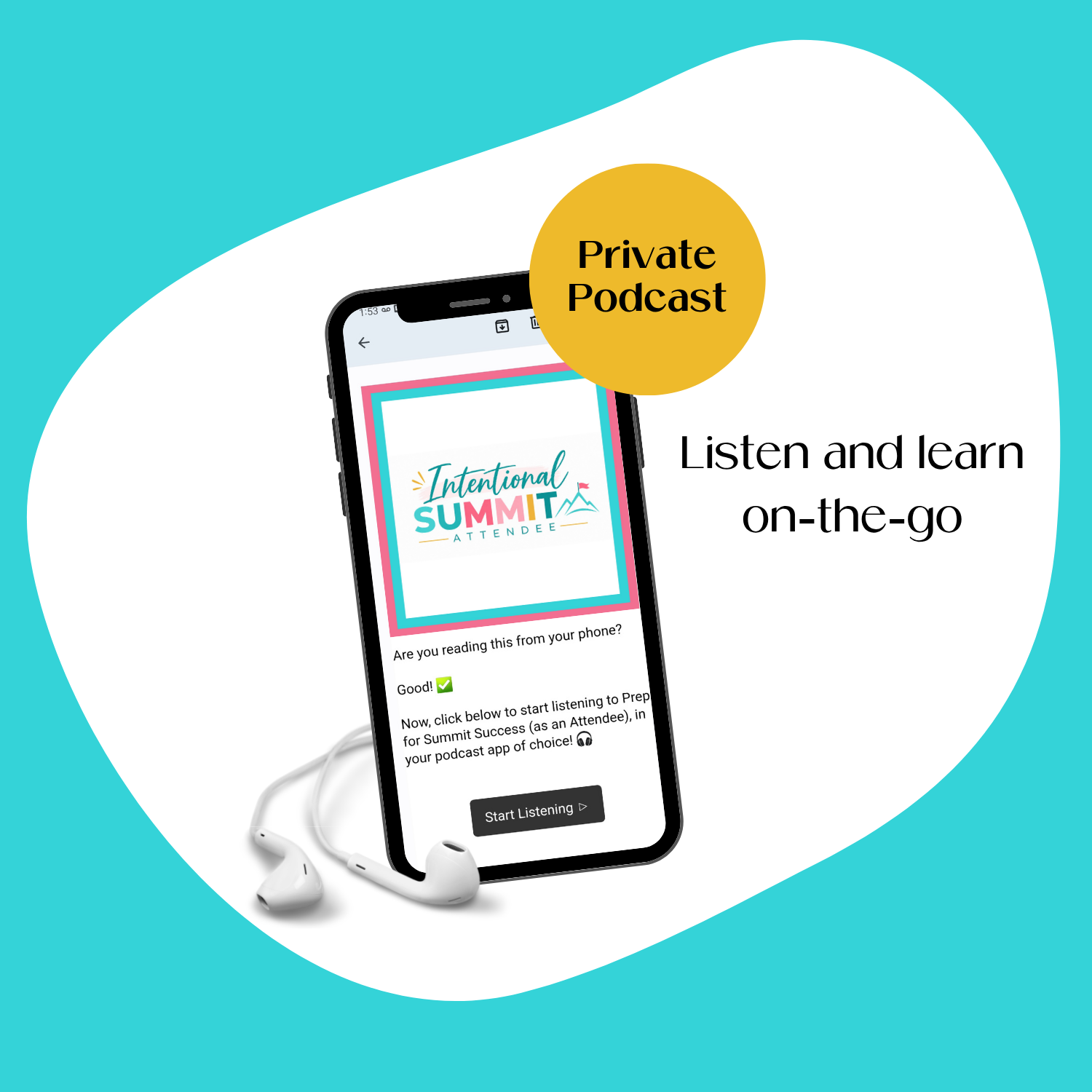 A cell phone mockup displaying the private podcast feed for The Intentional Summit Attendee.