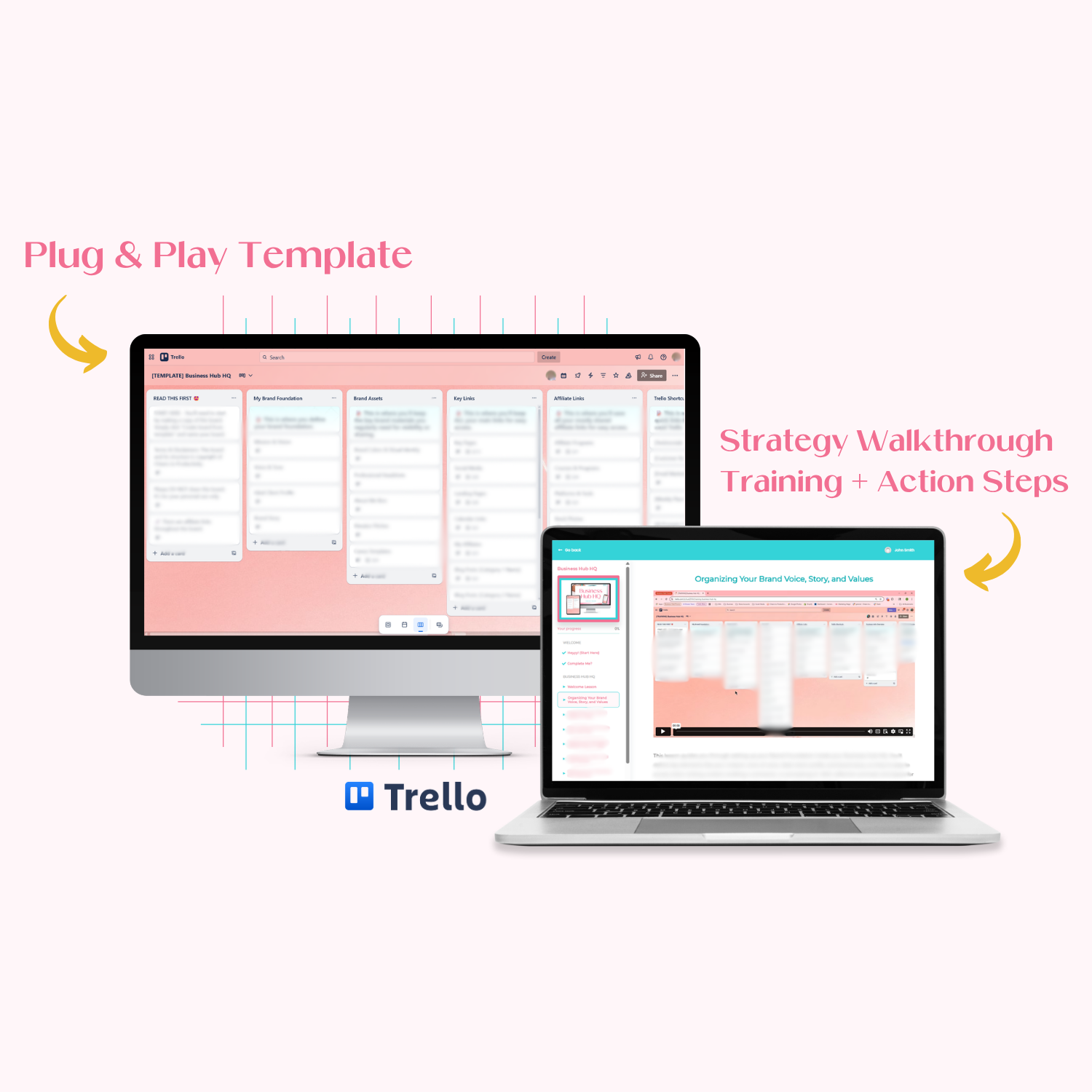 The Business Hub HQ Trello board template on a monitor beside a laptop showing the strategy walkthrough training and action steps.