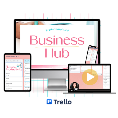 Business Hub HQ Trello board template shown on a desktop, tablet, laptop, and phone with brand foundation and key links lists visible.