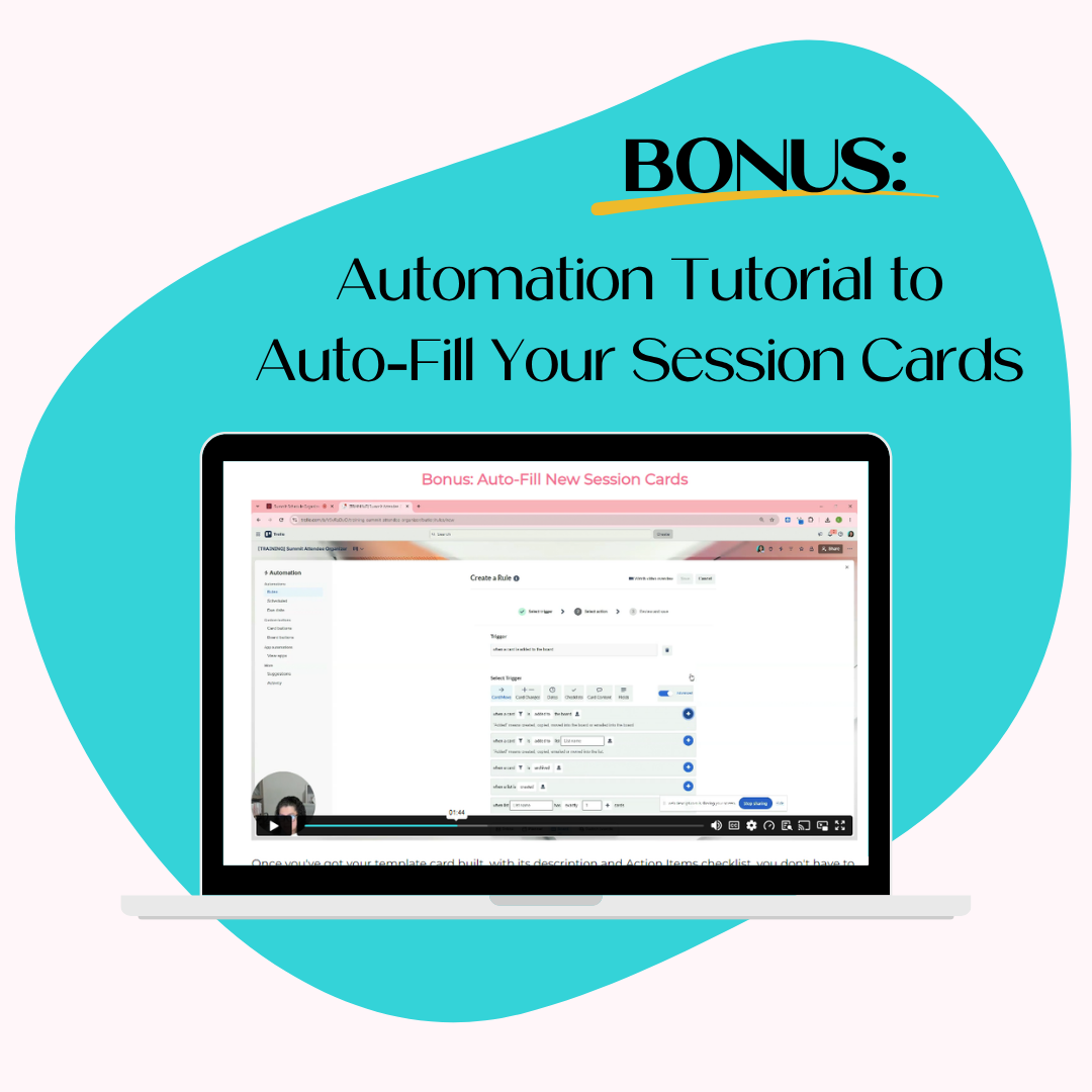 A laptop mockup displaying the bonus automation tutorial video for auto-filling session cards in the Summit Attendee Organizer Trello board.