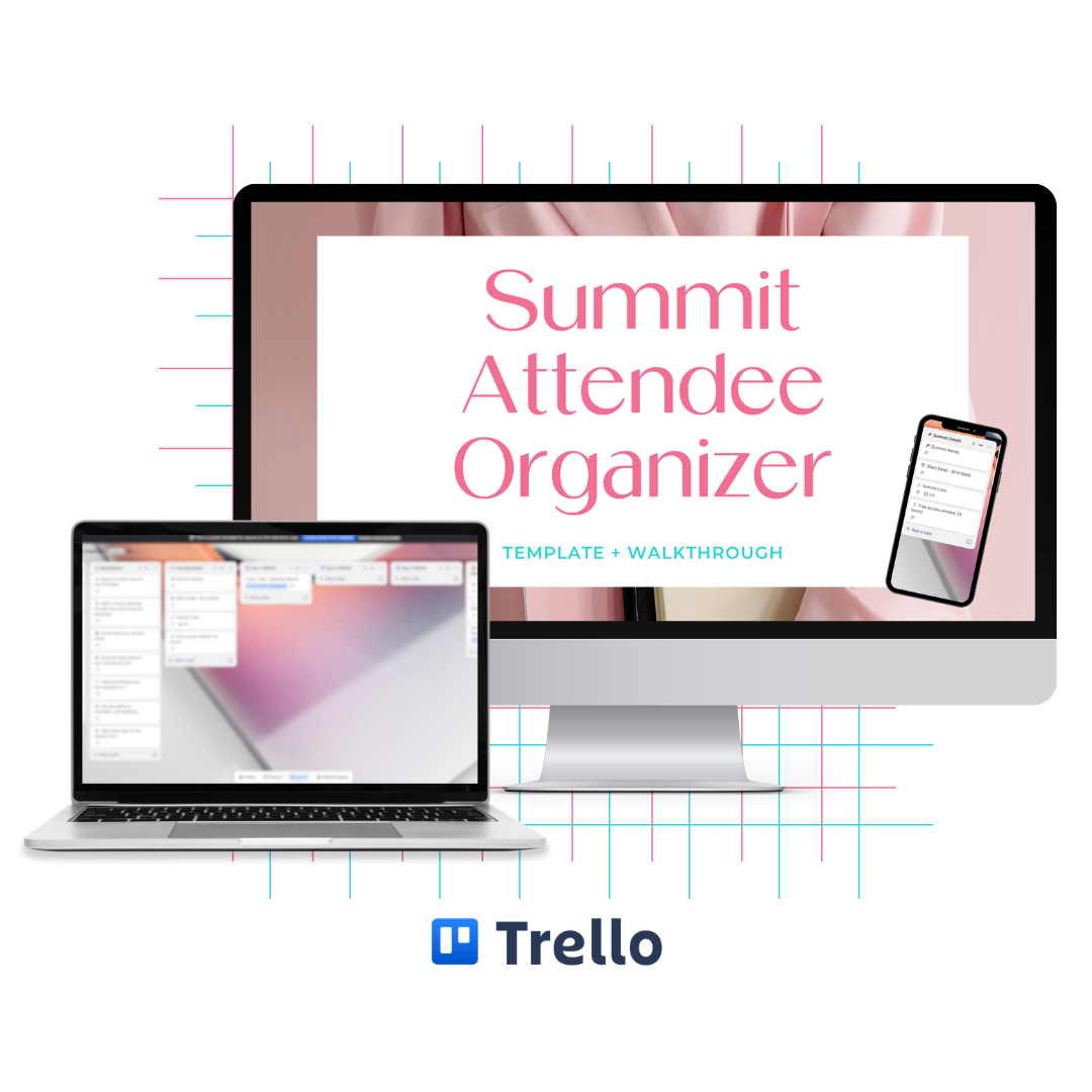 A desktop monitor and laptop mockup displaying the Summit Attendee Organizer Trello board template, with a phone mockup showing the summit details card.