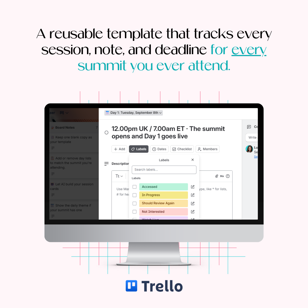 A desktop monitor mockup displaying the Summit Attendee Organizer Trello board template with session labels open for tracking what you have watched, saved, or skipped.