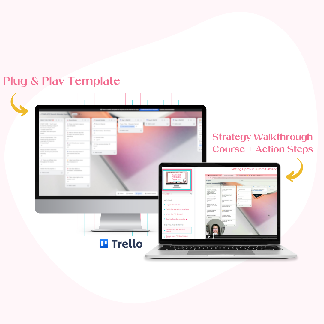 A desktop monitor and laptop mockup displaying the Summit Attendee Organizer Trello board template alongside the strategy walkthrough course lessons.