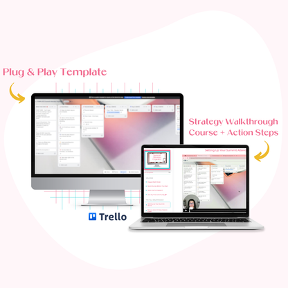 A desktop monitor and laptop mockup displaying the Summit Attendee Organizer Trello board template alongside the strategy walkthrough course lessons.