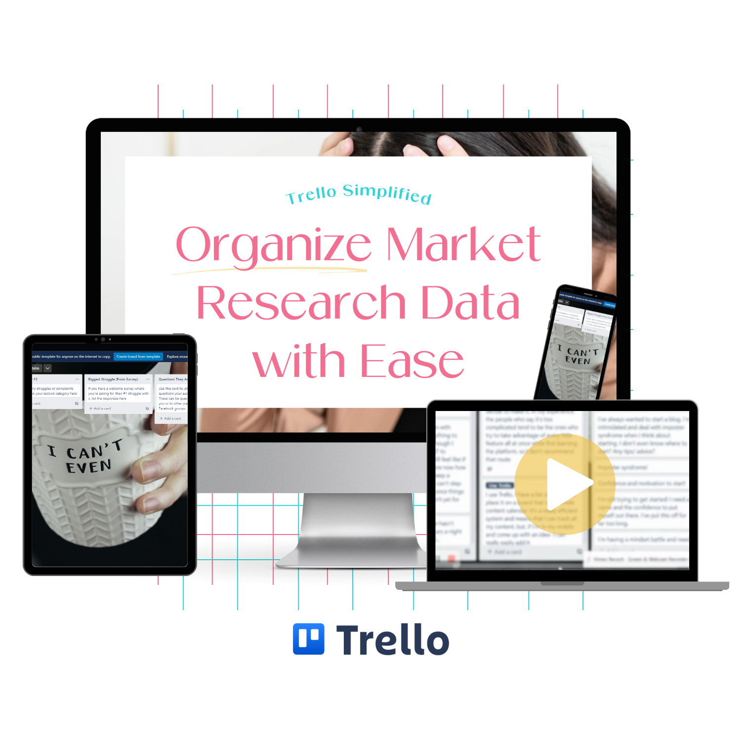 A monitor mockup displaying the Trello Simplified: Organize Market Research Data with Ease training.