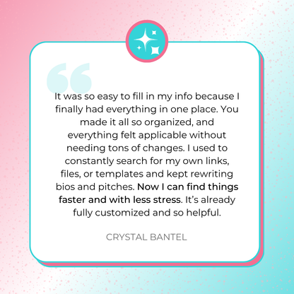 Testimonial from Crystal Bantel on finding her links and files faster after setting up the Business Hub HQ instead of rewriting bios and pitches.