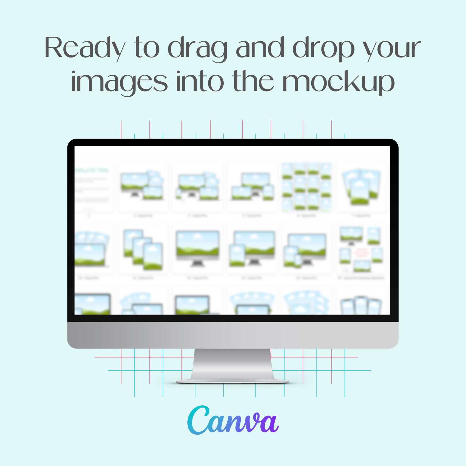 A monitor mockup displaying the customizable Canva Mockup Templates inside the Canva tool. 