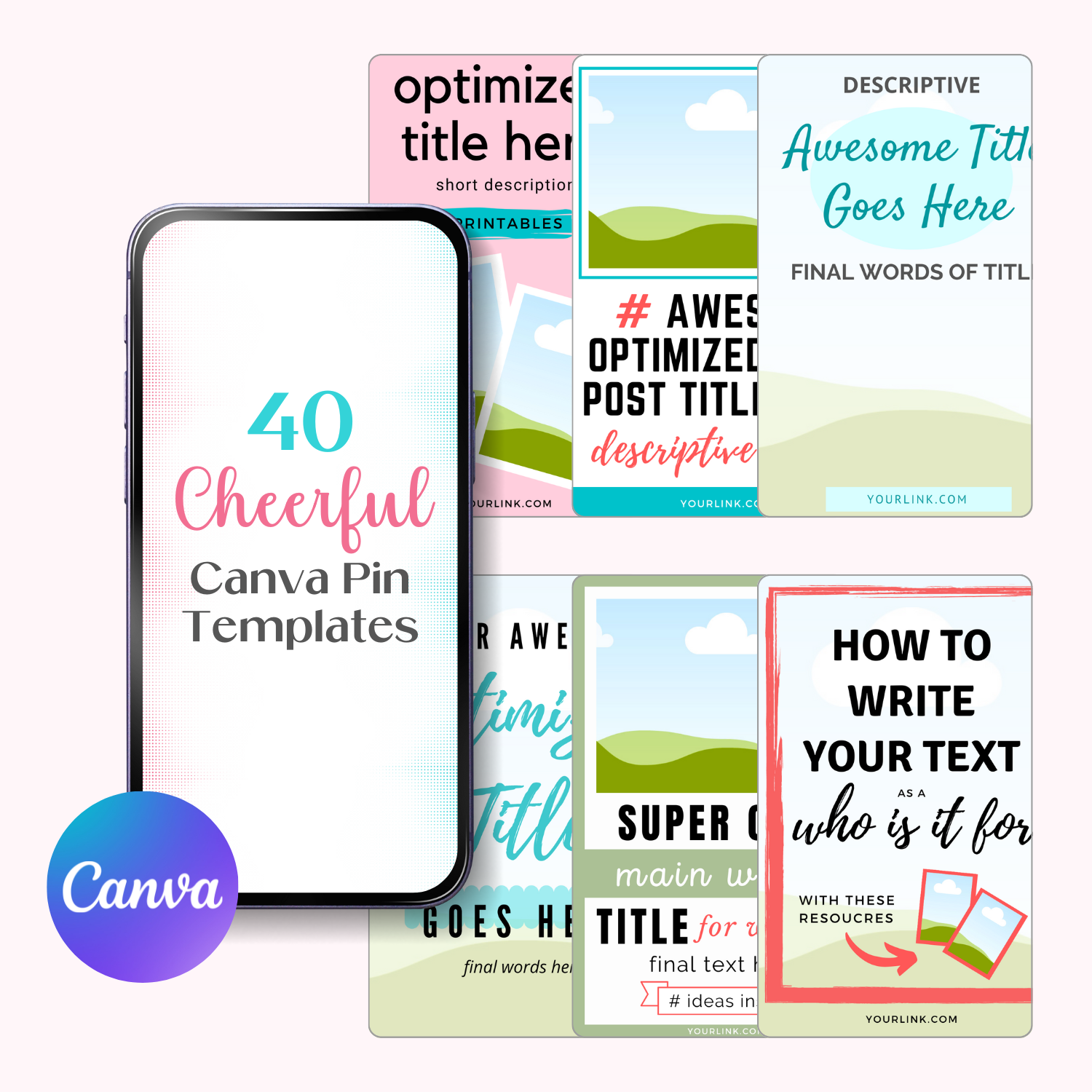 A cell phone and graphic mockup displaying the Canva Pinterest templates.
