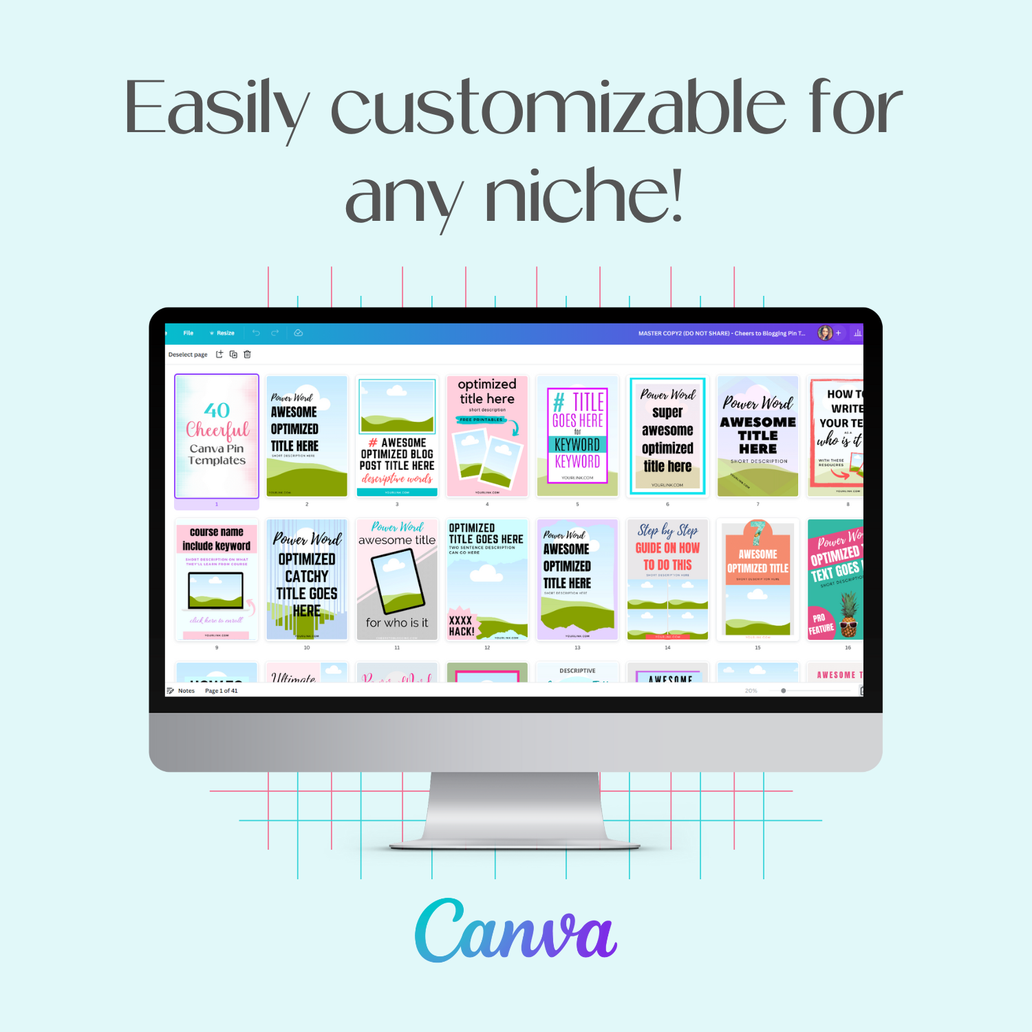 A monitor mockup displaying the customizable Cheerful Canva Pin Templates inside the Canva tool. 