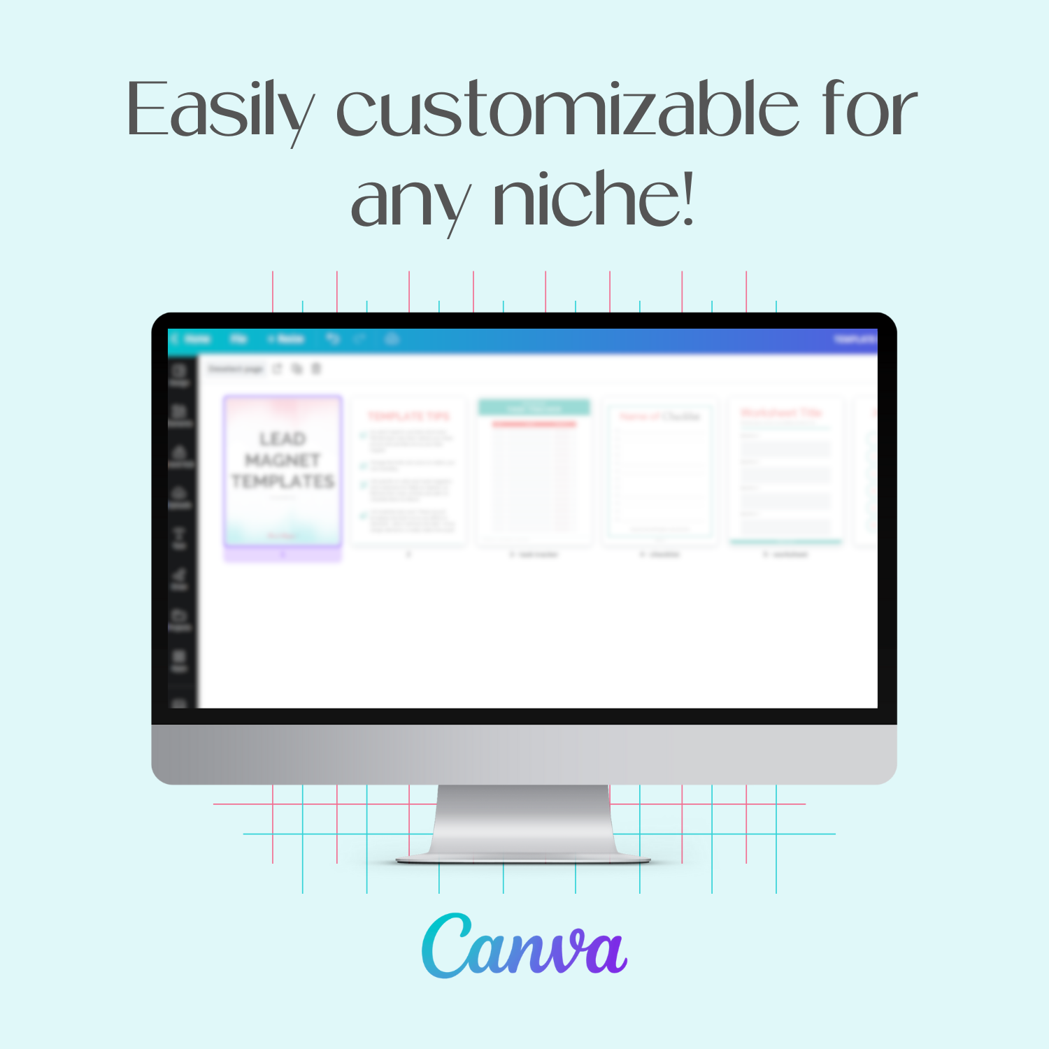 A monitor mockup displaying the customizable Canva Lead Magnet Templates inside the Canva tool. 