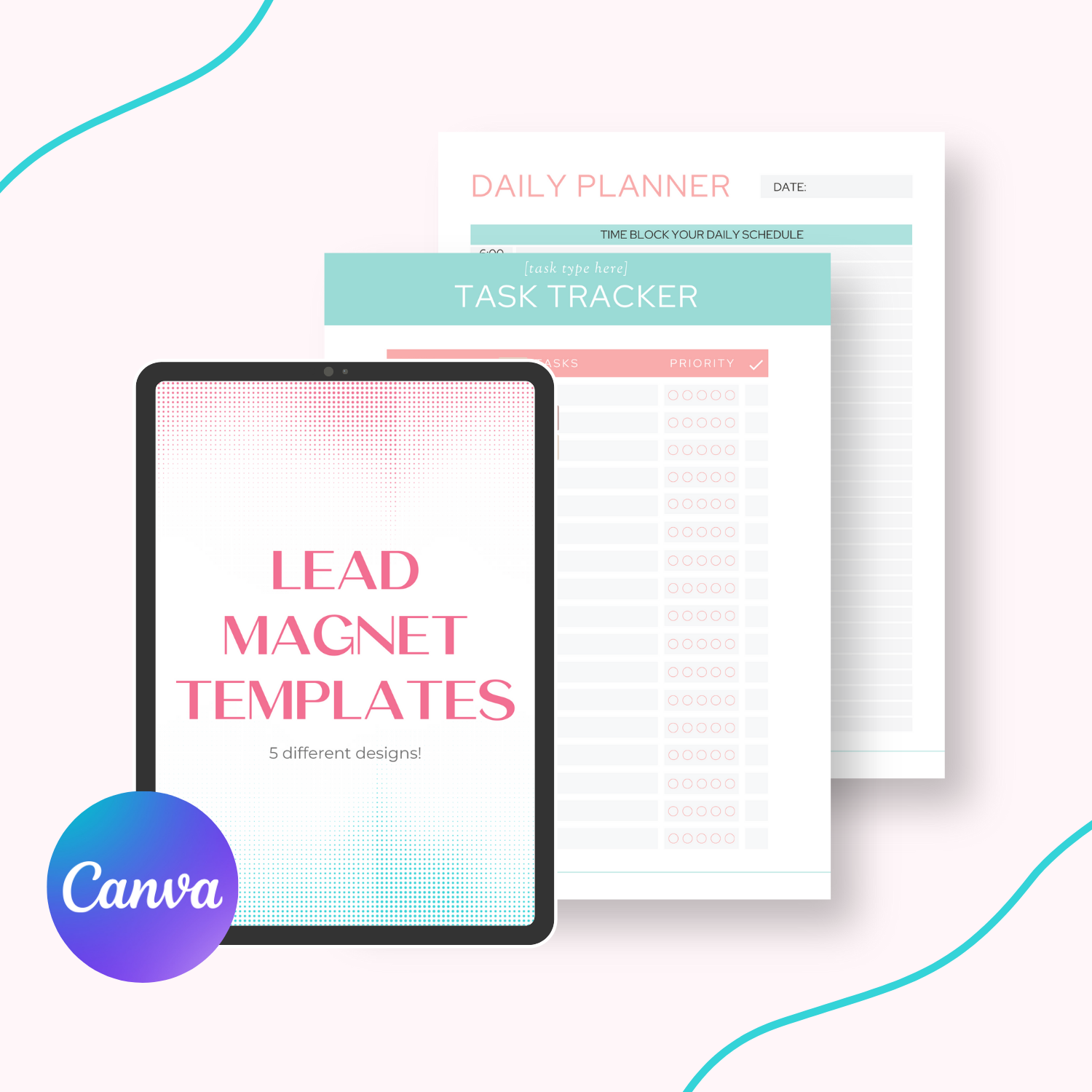 A tablet and graphic mockup displaying the Canva Lead Magnet Templates.