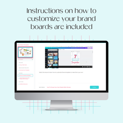 A monitor mockup displaying the lesson on how to customize the Brand Board Canva Templates inside the course platform. 