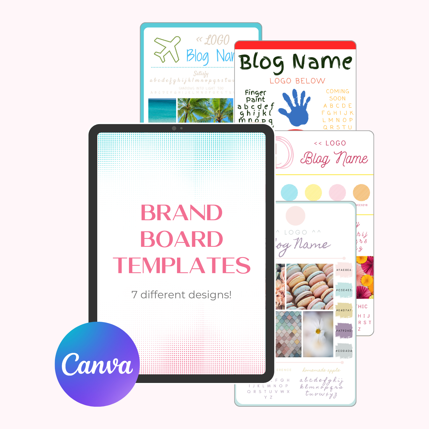 A tablet and graphic mockup displaying the Brand Board Canva Templates templates.