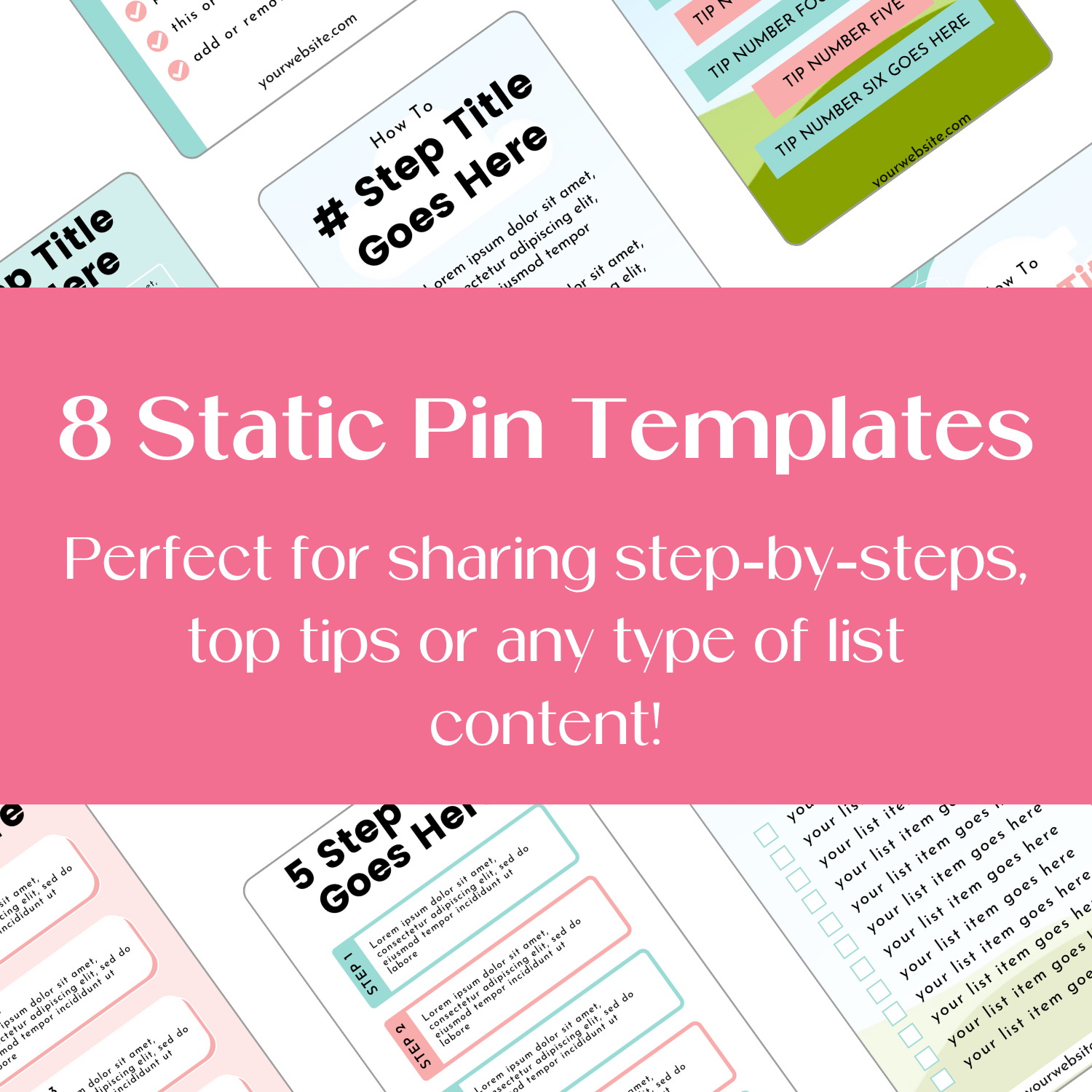 A grid mockup displaying the different Pinterest List Pin Templates designs.