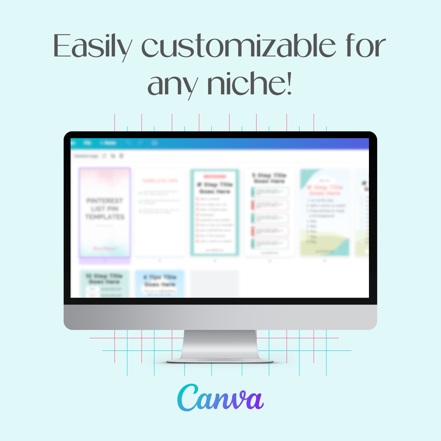 A monitor mockup displaying the customizable Pinterest List Pin Templates inside the Canva tool. 