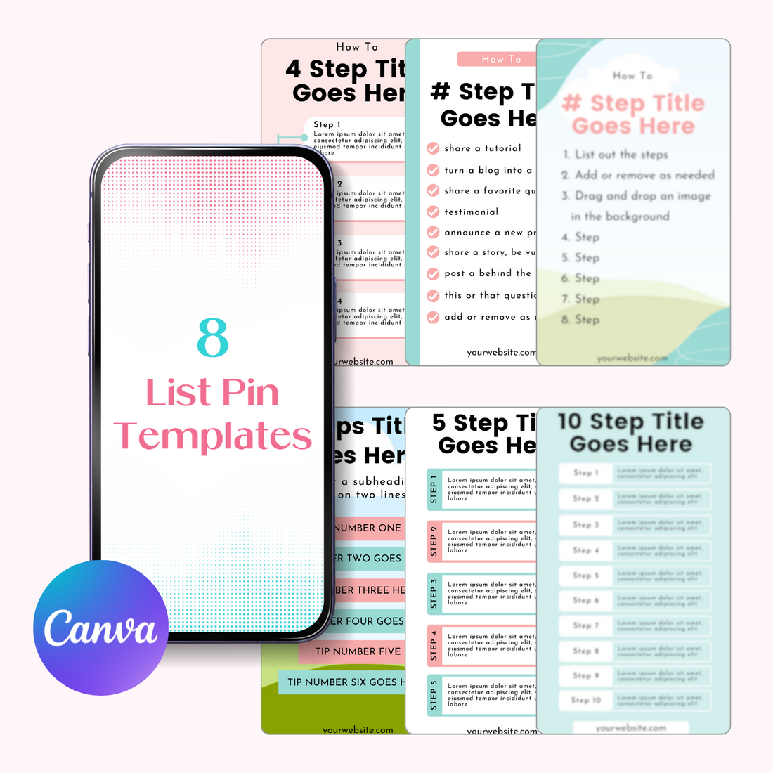 A cell phone and graphic mockup displaying the Pinterest List Pin Templates.