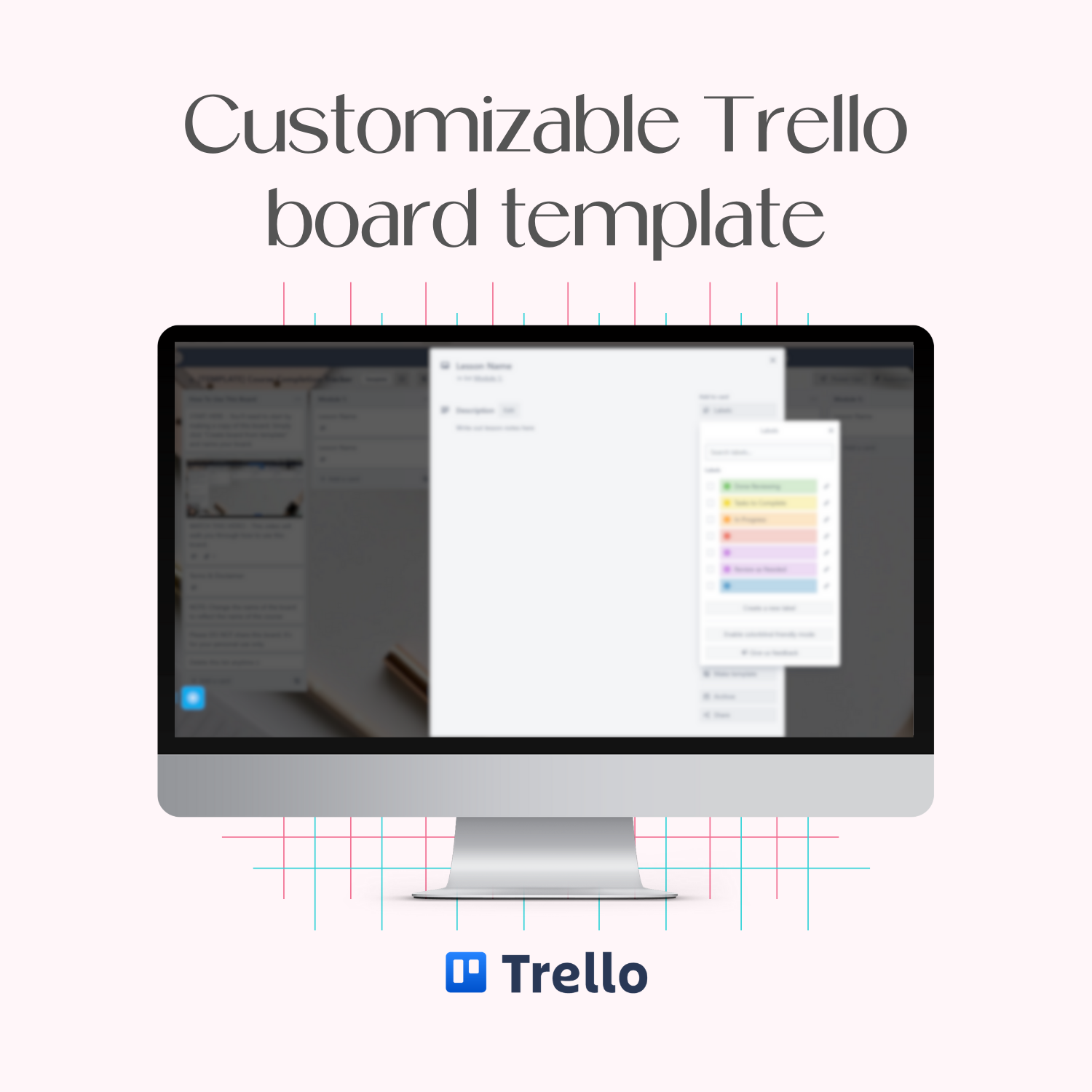 A monitor mockup displaying the customizable Course Progress Tracker Trello board template.