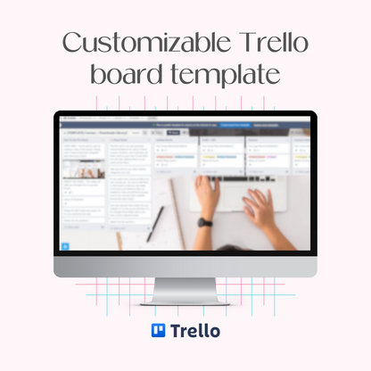A monitor mockup displaying the customizable Course + Downloads Library Trello board template.