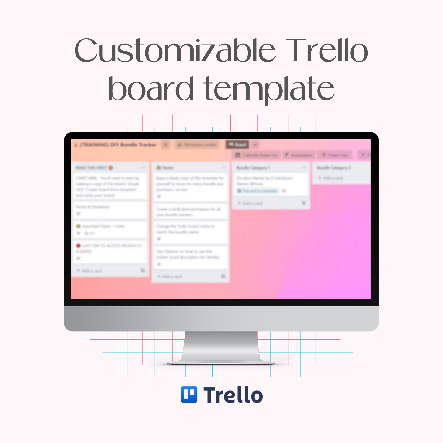 A monitor mockup displaying the customizable DIY Bundle Tracker Trello board template.