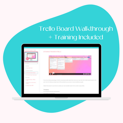 A laptop screen mockup displaying the course platform for the DIY Bundle Tracker Trello board template and training.