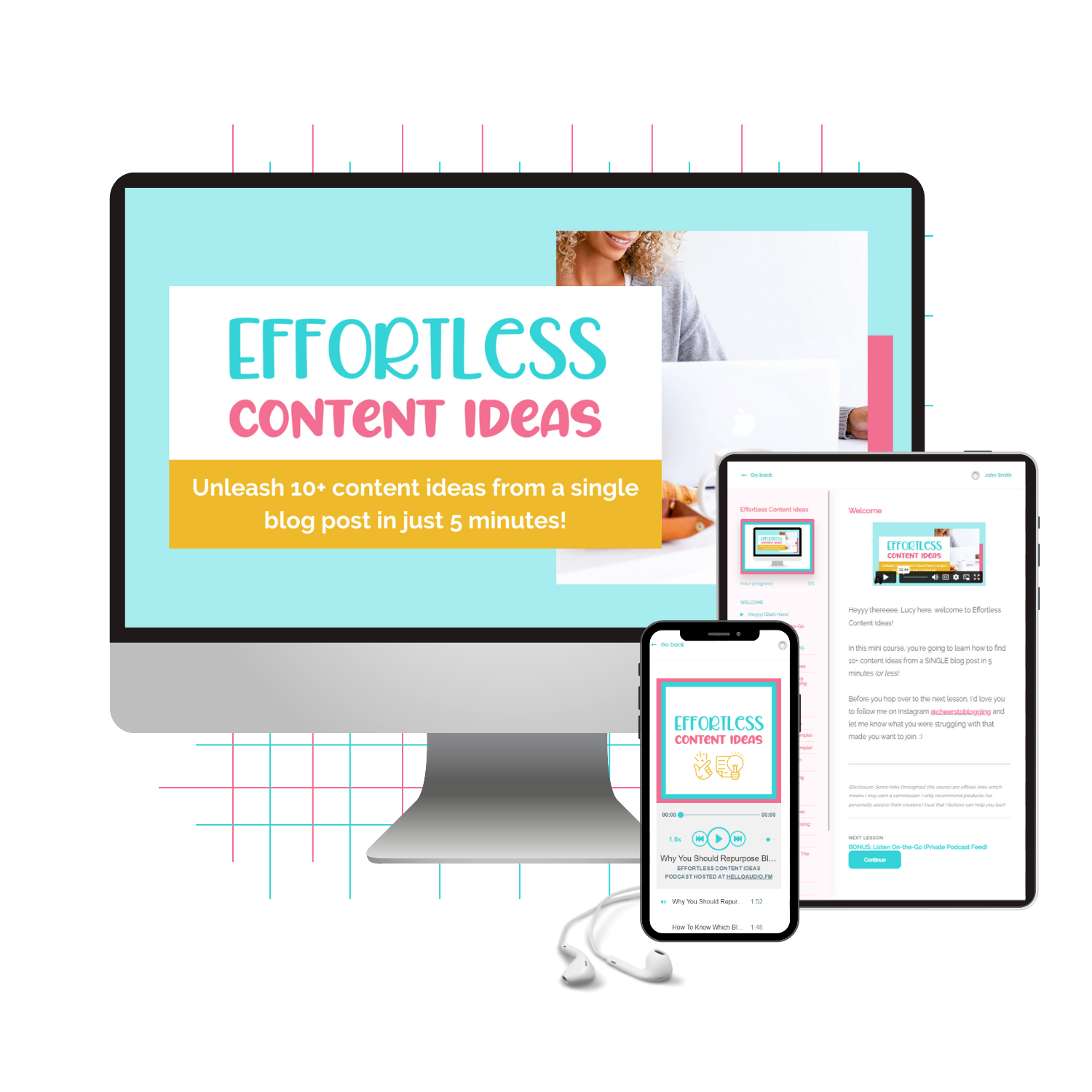 A monitor mockup displaying the Effortless Content Ideas course.