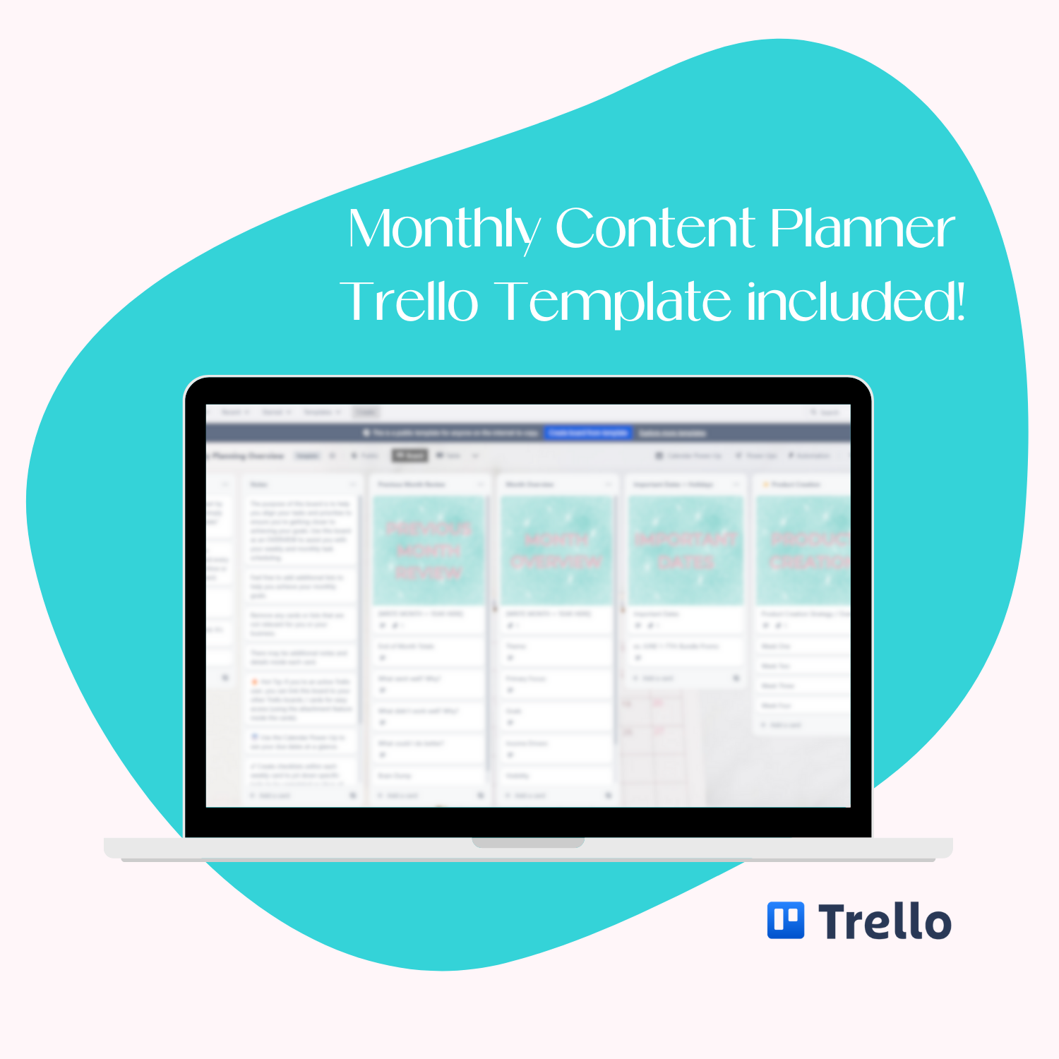 A laptop screen mockup displaying the bonus Trello Monthly Content Planner. 