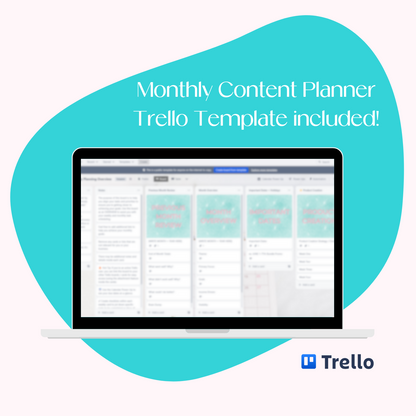 A laptop screen mockup displaying the bonus Trello Monthly Content Planner. 
