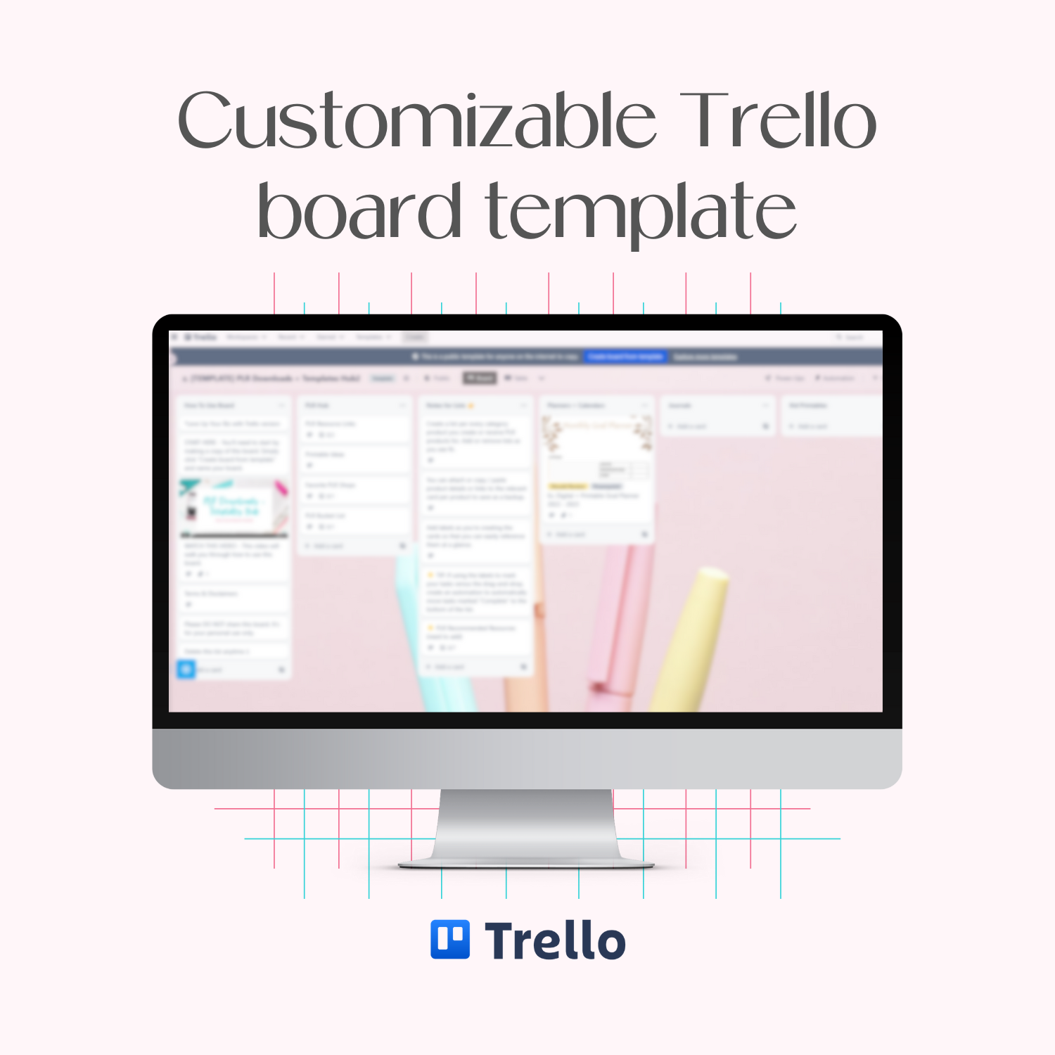 A monitor mockup displaying the customizable PLR Downloads + Templates Hub Trello board template.