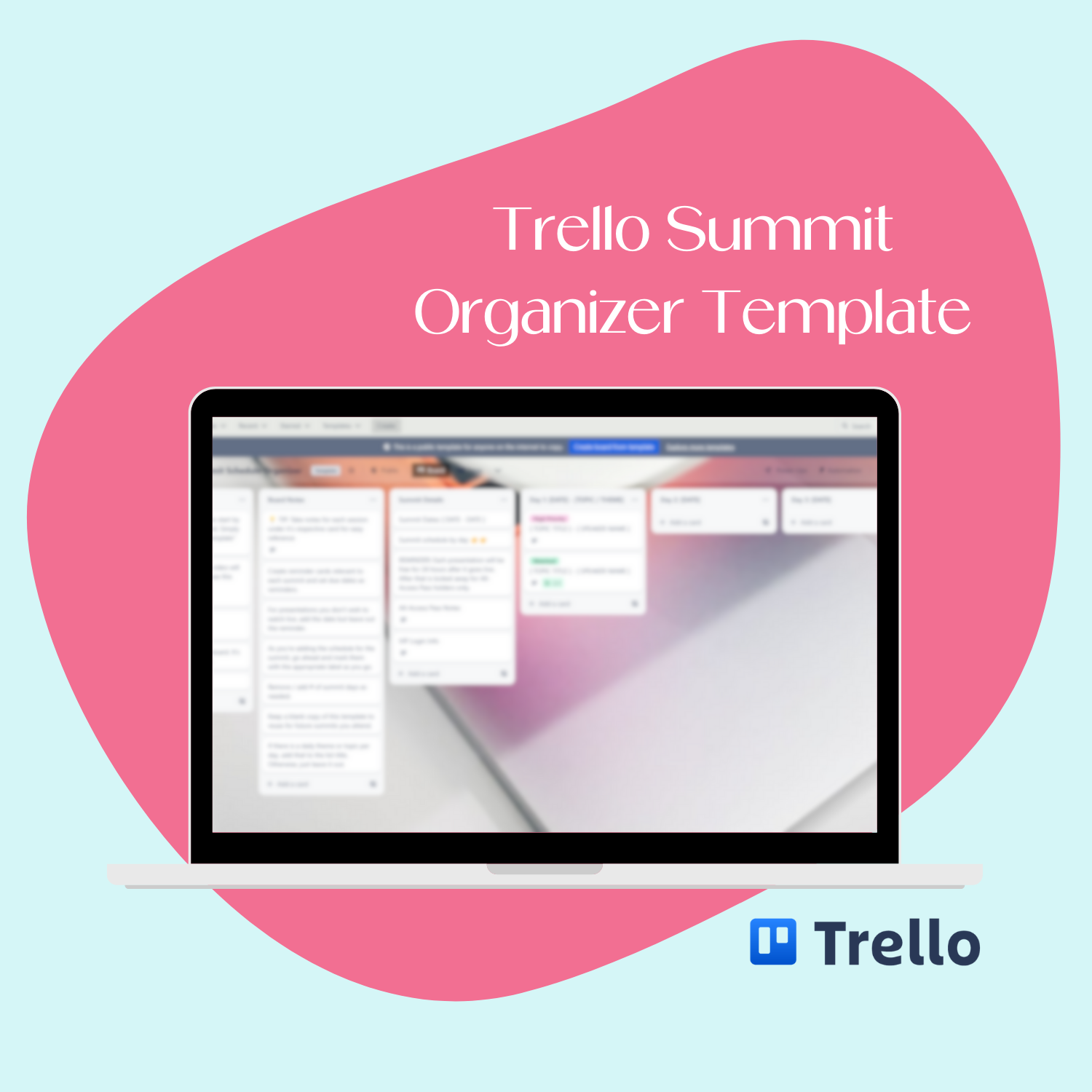 A laptop screen mockup displaying the bonus Summit Organizer Trello board template.