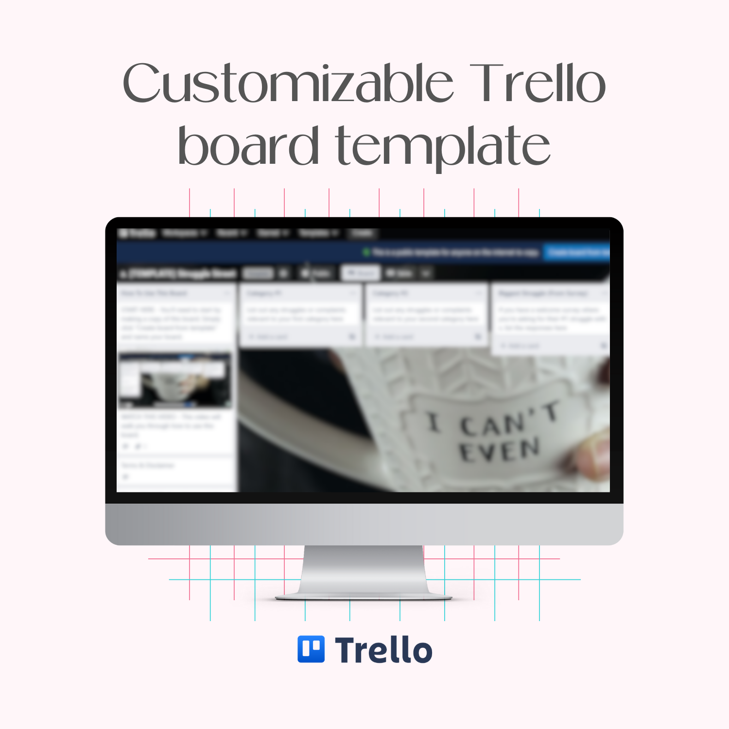 A monitor mockup displaying the customizable Struggle Street: Market Research Trello board template.